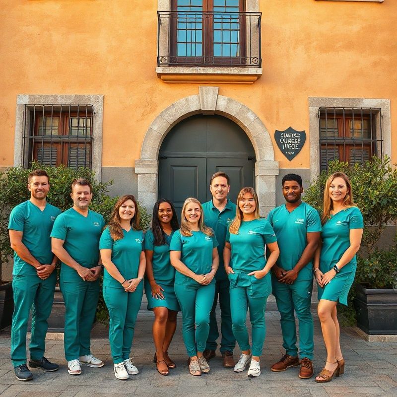 Retrato del equipo de Coursebridgez frente a una fachada ocre de Granada, con uniformes verde esmeralda