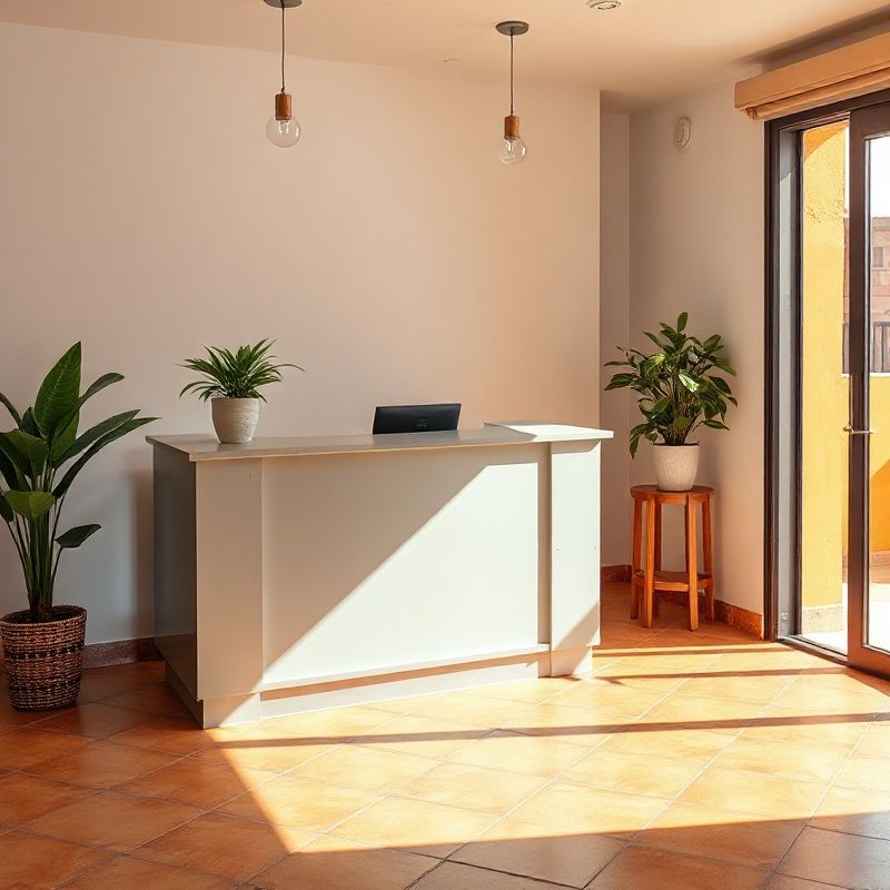 Recepción luminosa de una oficina granadina con una planta verde esmeralda y suelo de terracota